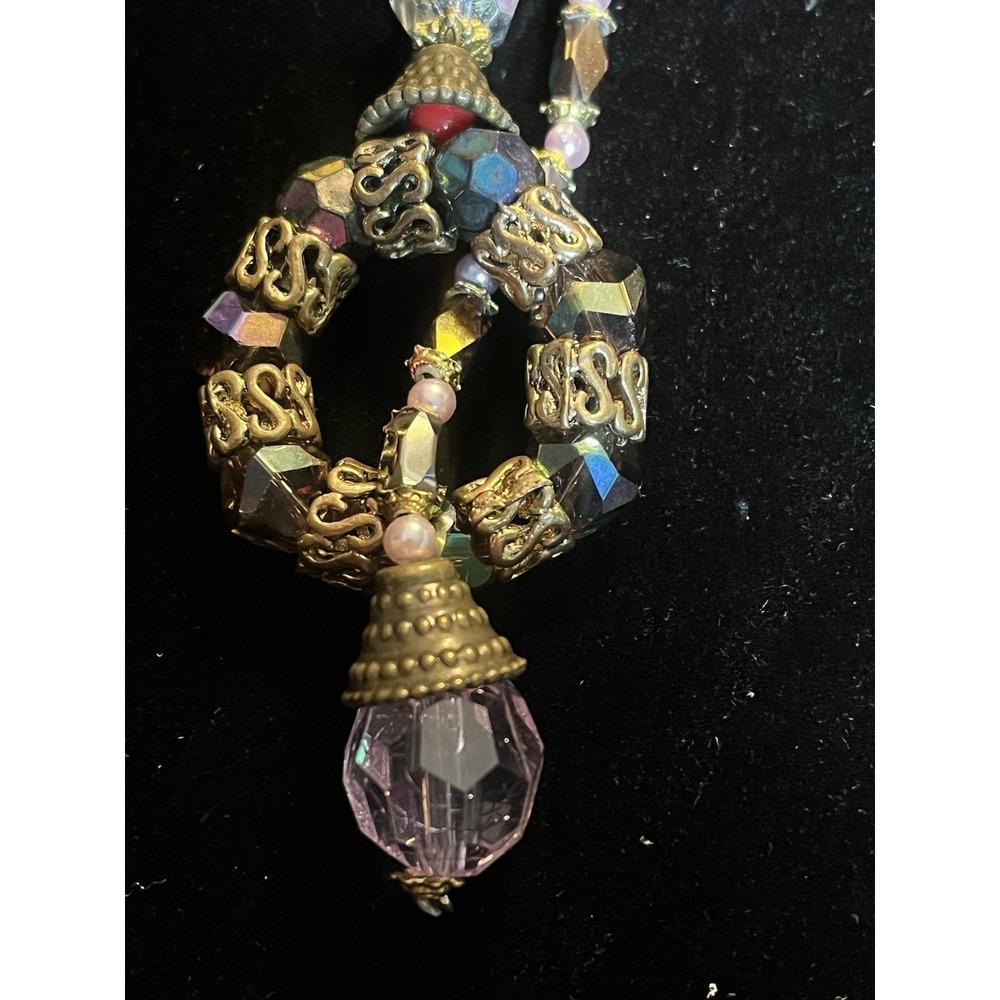 Vintage Style Art Glass Beaded Lariat Necklace Gold Tone Iridescent [JB]